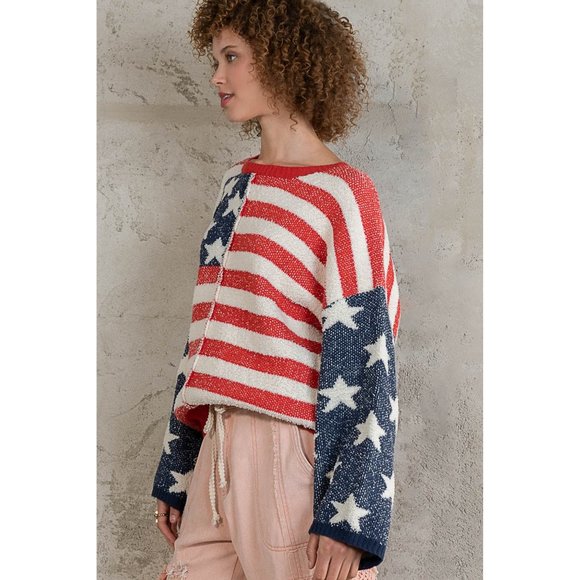 POL Red Blue Soft Stars Stripe Pattern Fleece Relaxed Fit Pullover Sweater - Picture 7 of 9